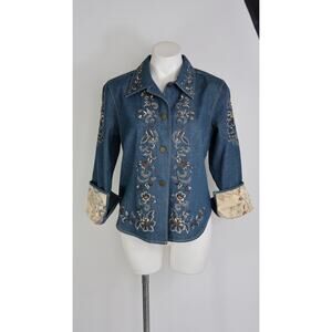 Coldwater Creek Embroidered Denim Jacket Boho Cottagecore Western Floral Small